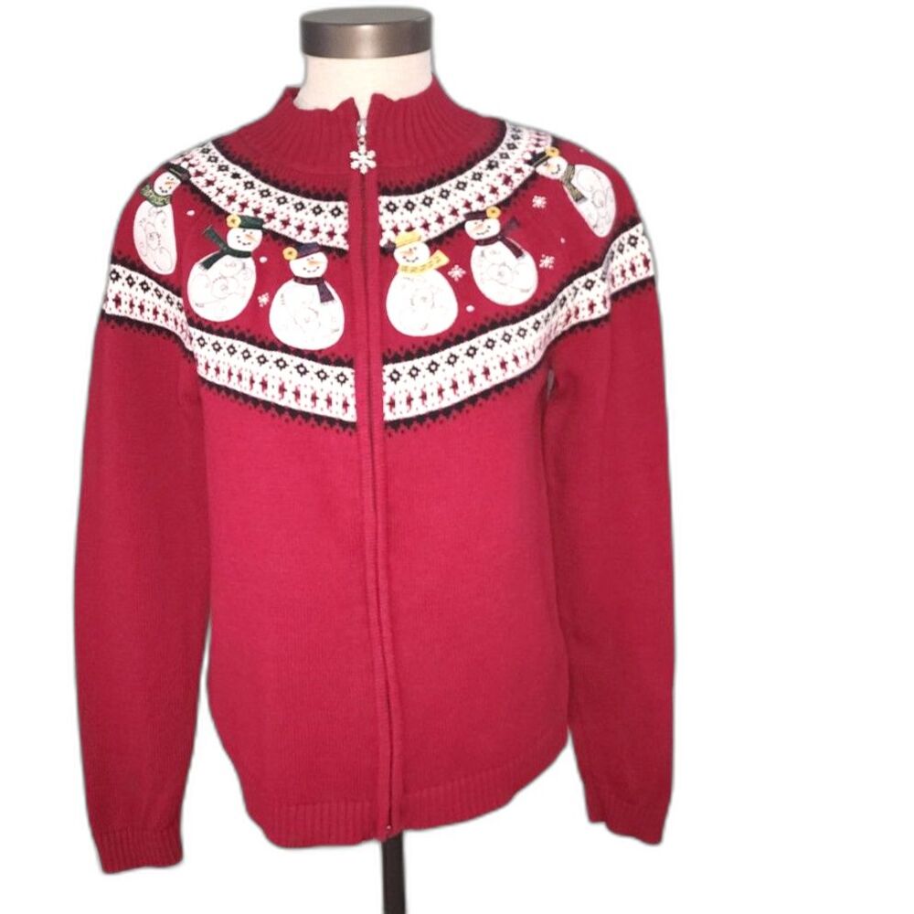 Christopher & Banks Red Zipper Embroidered Snowman Sweater Size M - Picture 1 of 8